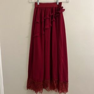NWT Wine Red Mesh High Waist Solid Lace Maxi Skirt XS Boho Sheer Ruffled